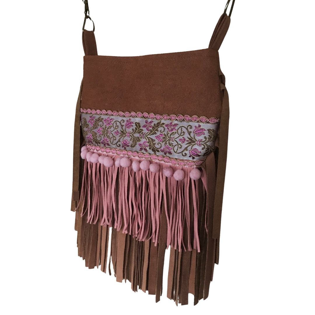 Brown bag with pink fringes and floral embroidery on a white background