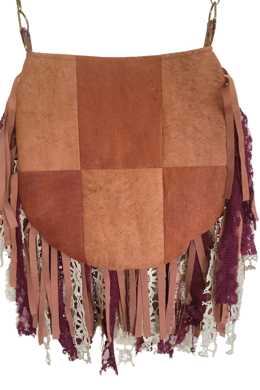 Barkcloth Crossbody Bag with Burgundy Fringe & Cameo Pendant