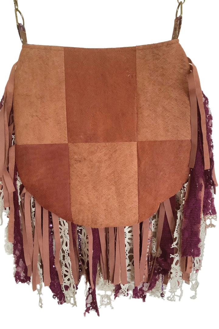 Barkcloth Crossbody Bag with Burgundy Fringe & Cameo Pendant