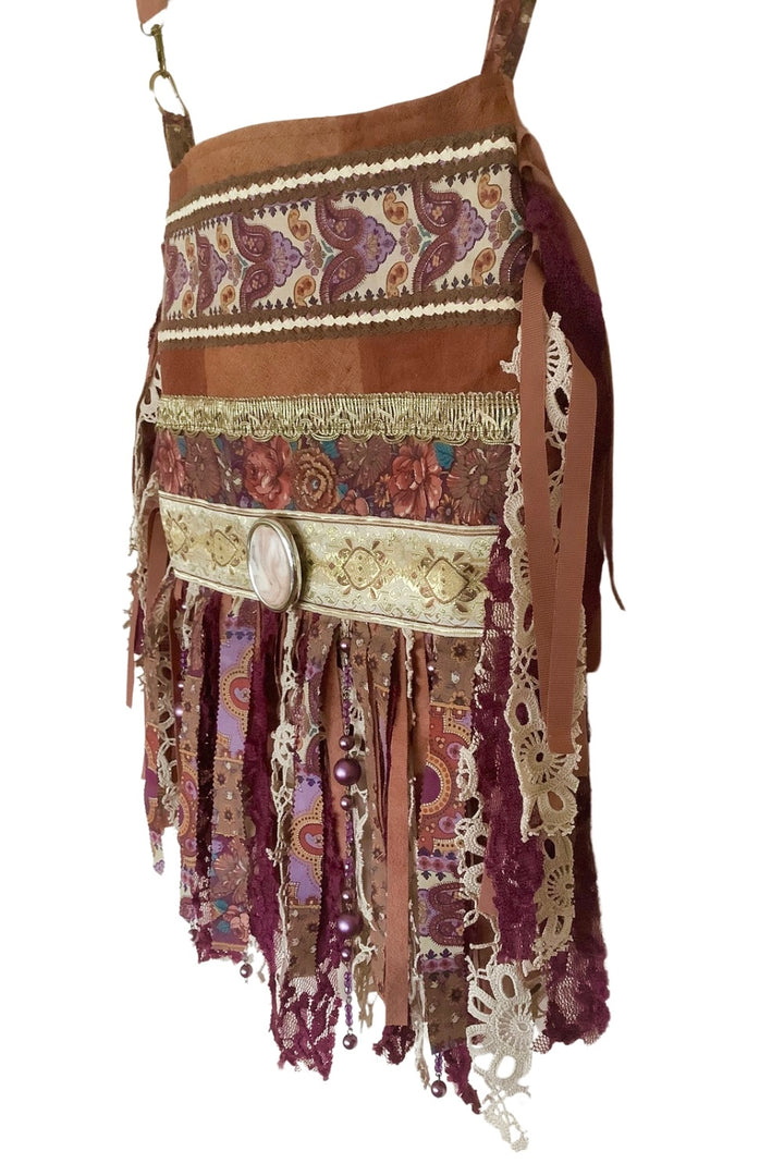 Barkcloth Crossbody Bag with Burgundy Fringe & Cameo Pendant