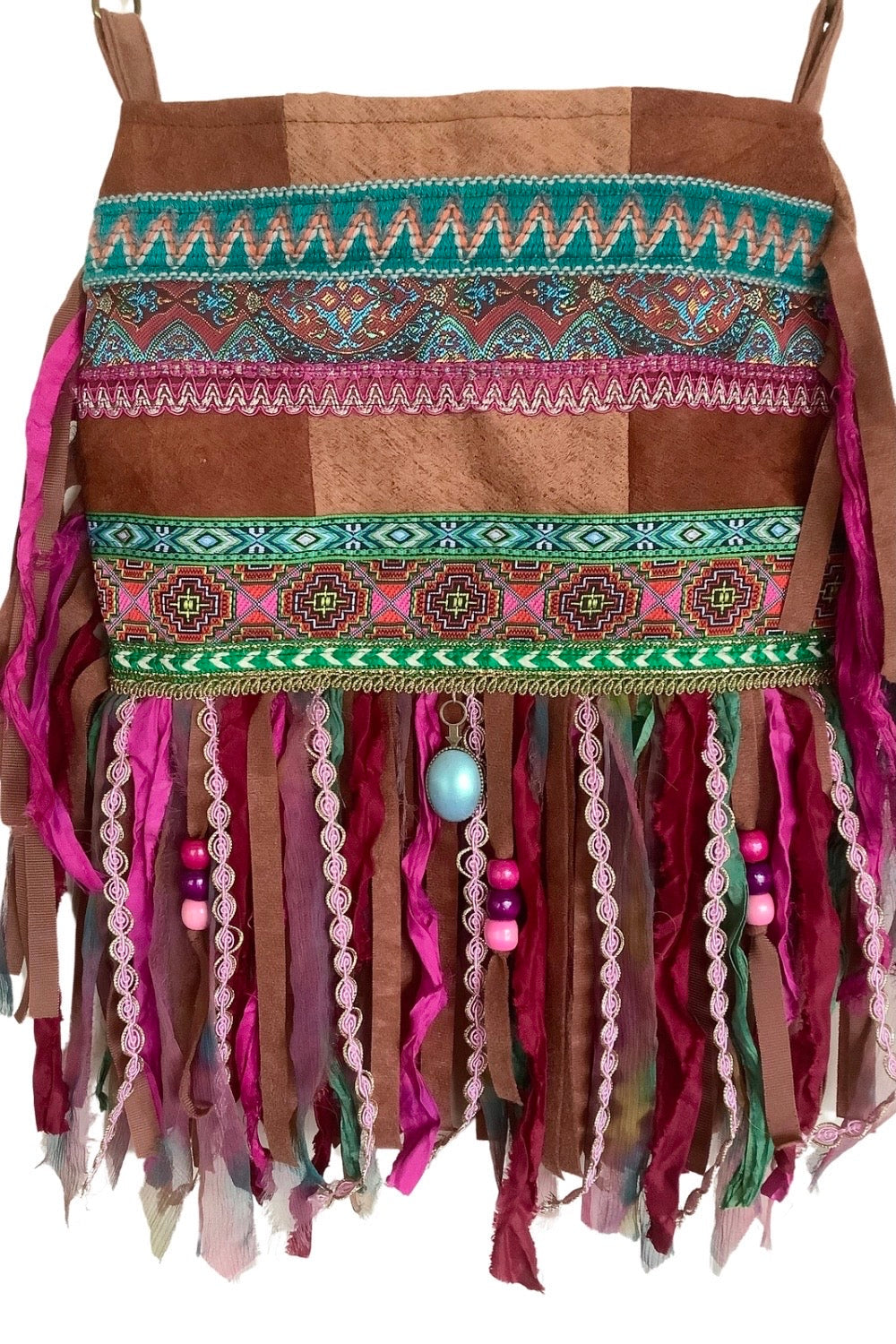 Boho Fringe Bag – Bark Cloth in Pink & Green