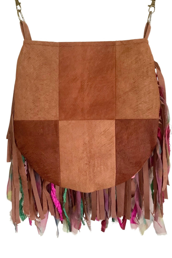 Boho Fringe Bag – Bark Cloth in Pink & Green