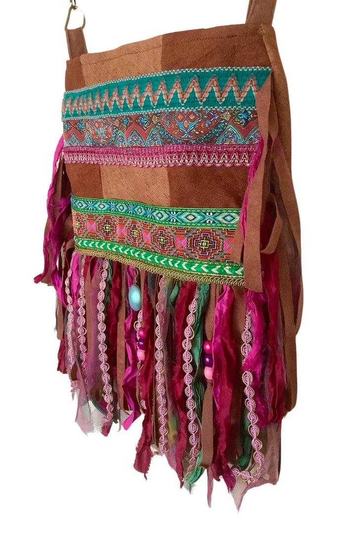 Boho Fringe Bag – Bark Cloth in Pink & Green