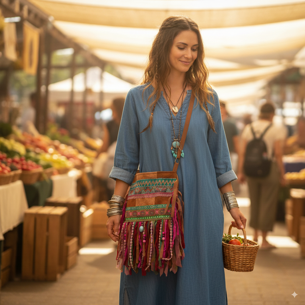 Boho Fringe Bag – Bark Cloth in Pink & Green