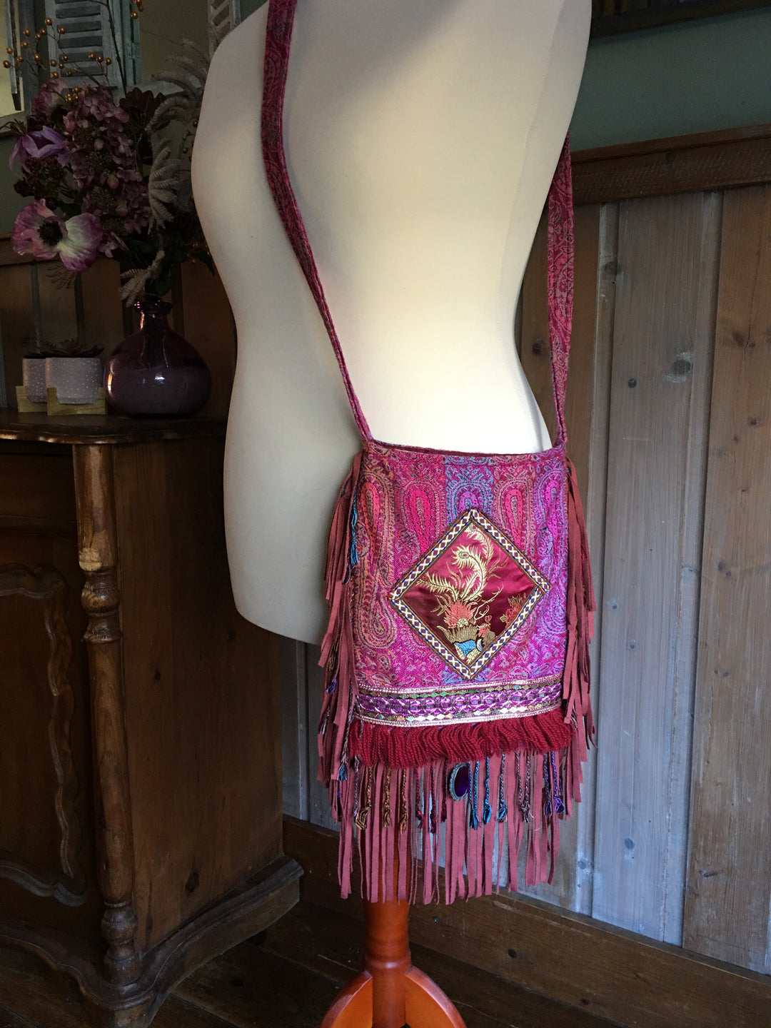 Boho Fringe Bag – Bordeaux & Purple with Appliqué and Tassels