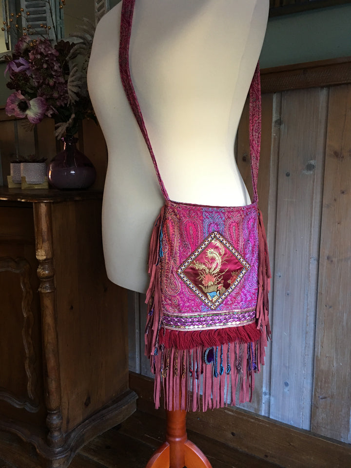 Boho Fringe Bag – Bordeaux & Purple with Appliqué and Tassels