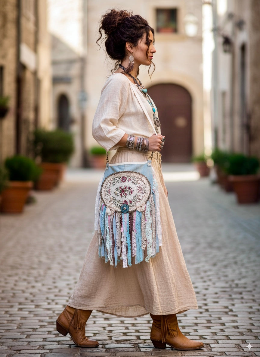 Romantic Boho Crossbody Bag – Fringe Bag with Gobelin Appliqué & Pastel Lace