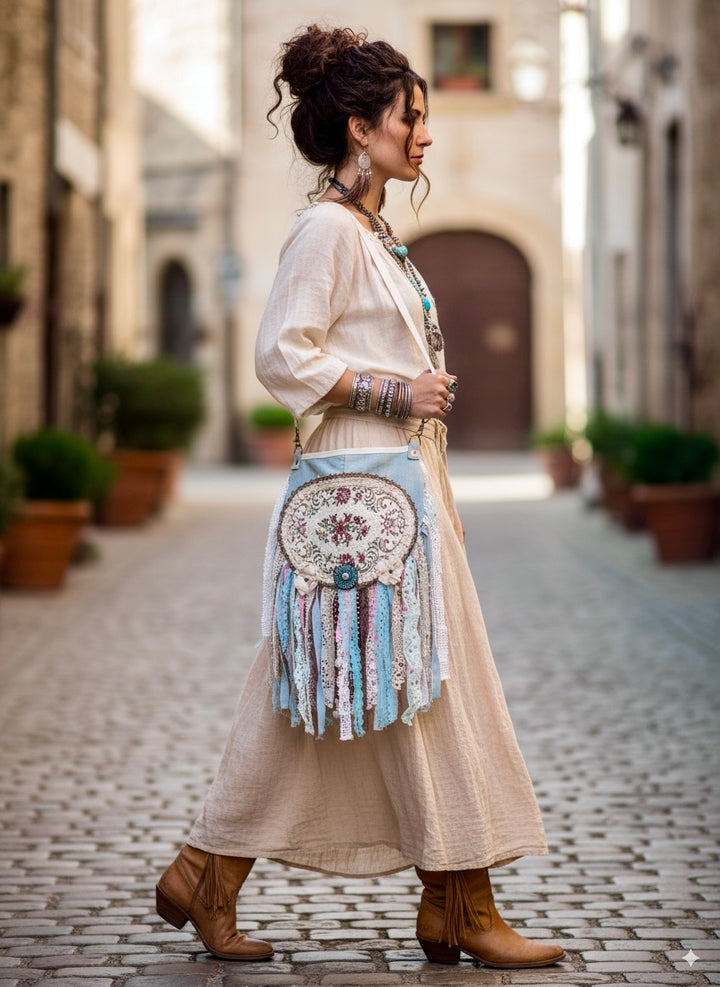 Romantic Boho Crossbody Bag – Fringe Bag with Gobelin Appliqué & Pastel Lace