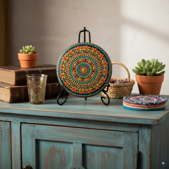 Mandala Stone – Large Hand-Painted in Yellow, Orange & Blue