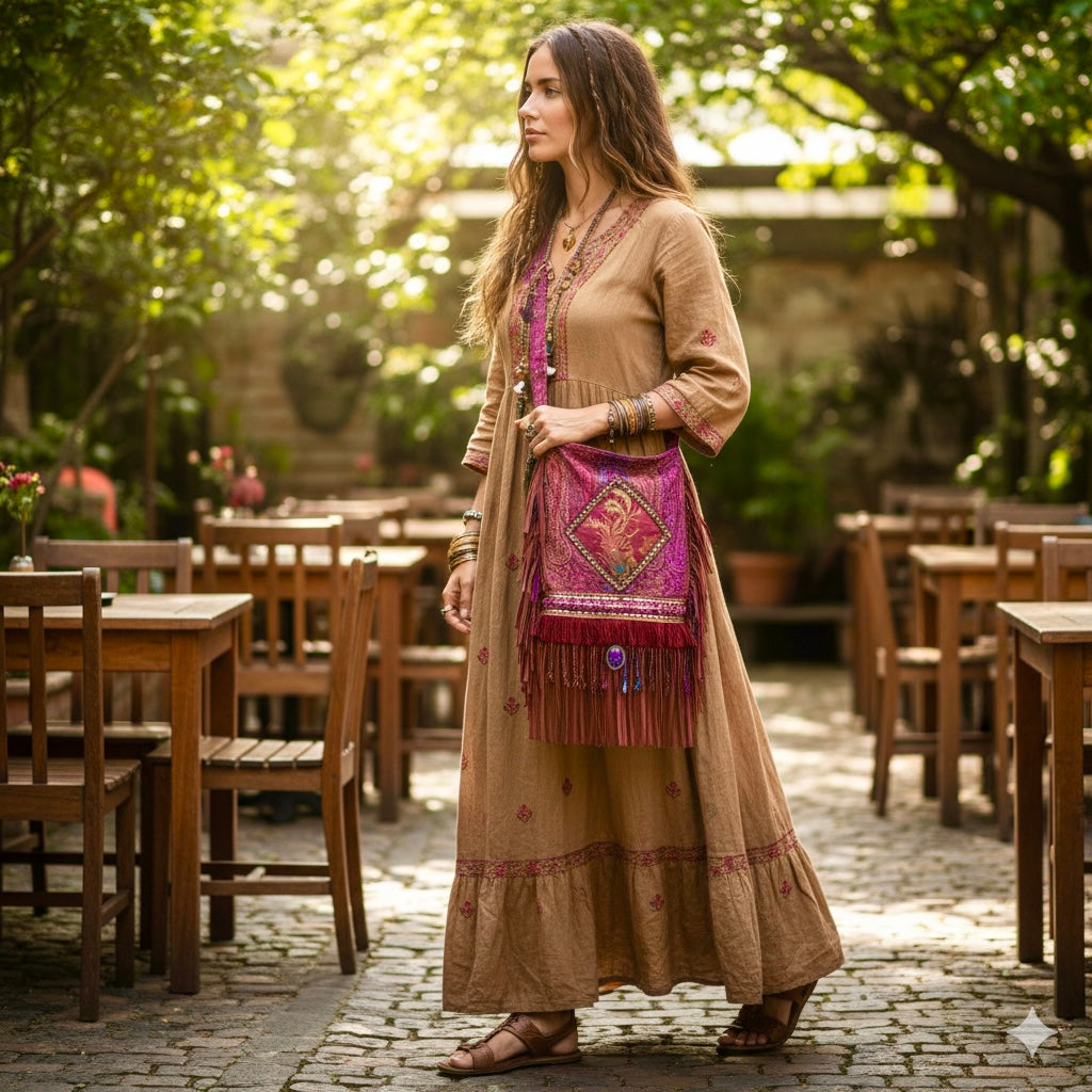 Boho Fringe Bag – Bordeaux & Purple with Appliqué and Tassels