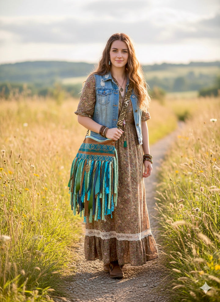 Upcycled Leather Crossbody Bag – Turquoise Fringe & Boho Details