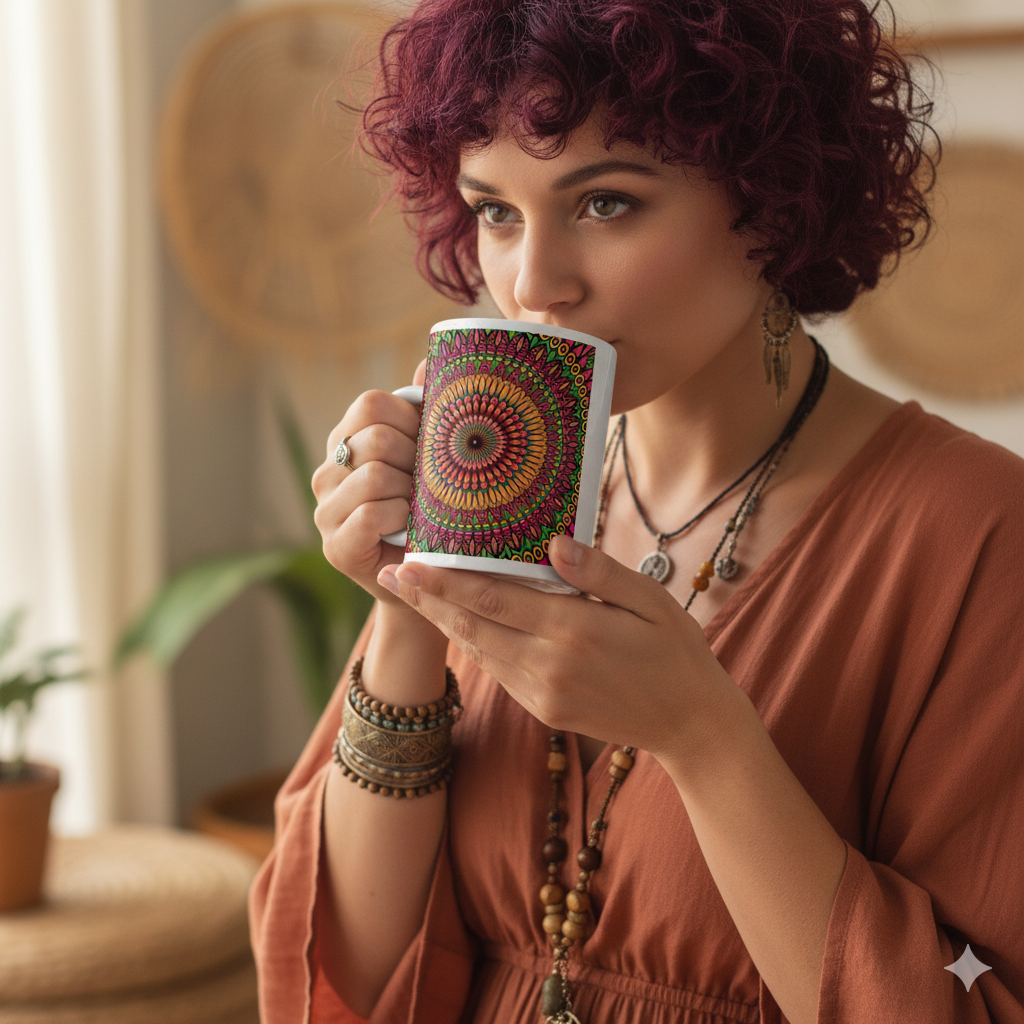 Floral Whispers: Mandala-mok in oranje, roze en groen"