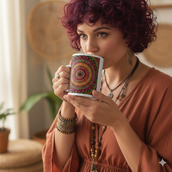 Floral Whispers: Mandala-mok in oranje, roze en groen"