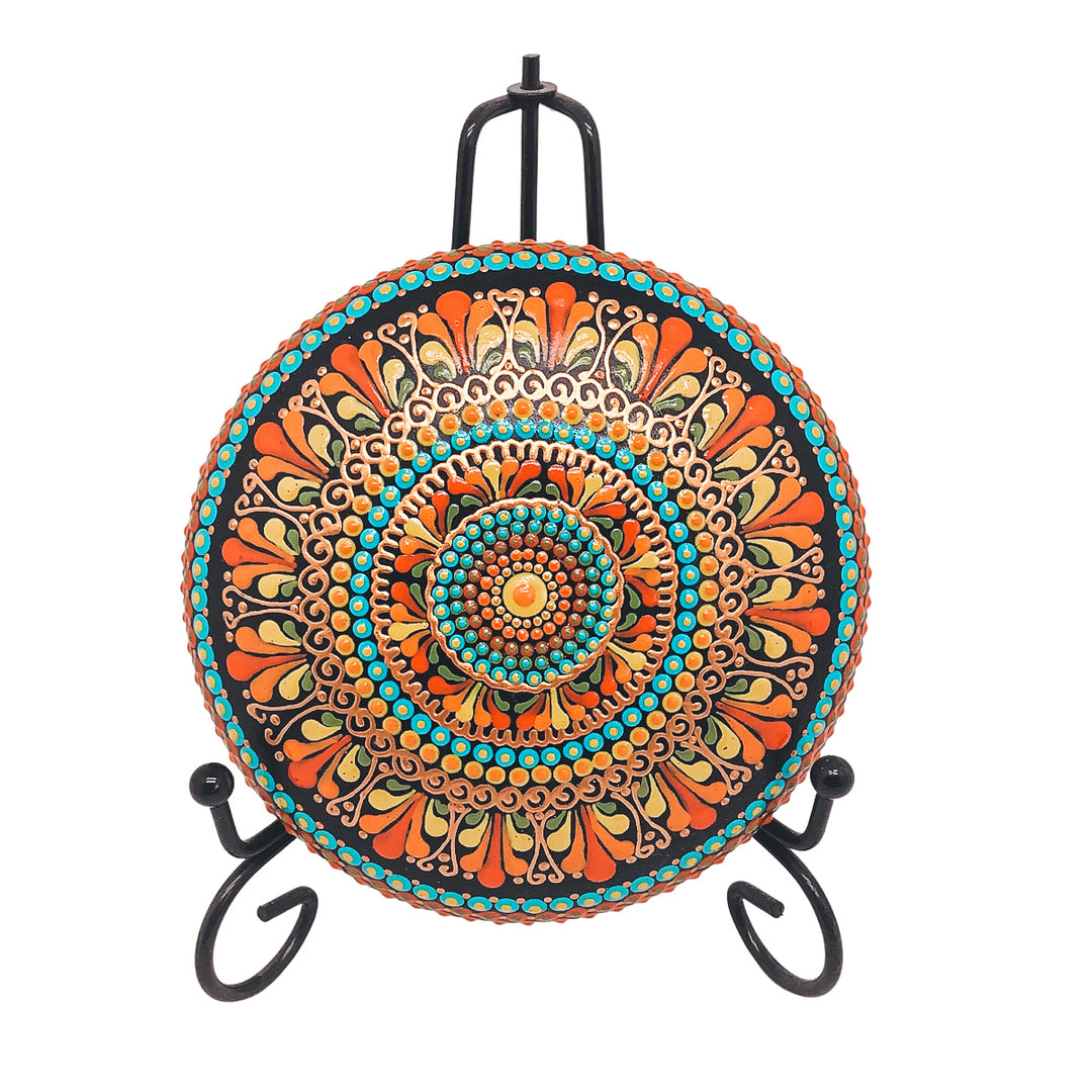 Mandala Stone – Large Hand-Painted in Yellow, Orange & Blue