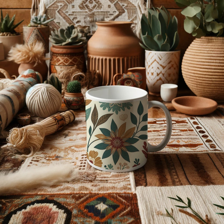 White ceramic mug with a vintage-inspired floral pattern featuring green, brown, and orange flowers and leaves, placed in a cozy bohemian-style room with earthy-toned decor, including woven baskets, pottery, patterned rugs, and indoor plants.
