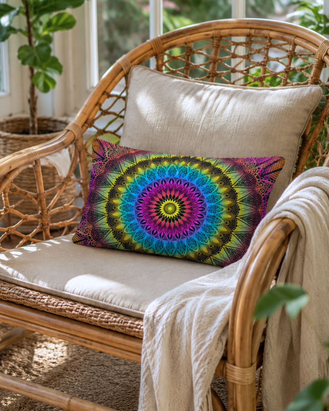 Colorful bohemian mandala lumbar pillow 20x12 inch on a natural rattan loveseat in a bright sunroom. Vibrant pink, turquoise, yellow and black mandala design surrounded by woven textures, indoor plants and soft neutral decor. Decorative boho accent pillow for living room, bedroom or meditation space.