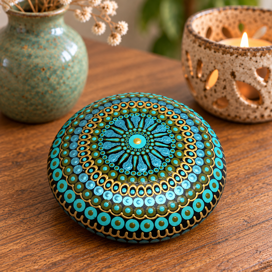 Hand painted mandala stone with intricate turquoise, teal and gold dot art, styled on a wooden table beside a candle holder and ceramic vase.
