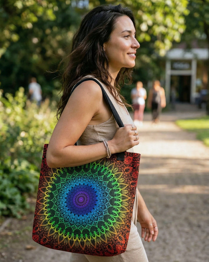 boho woman walking in park with colorful chakra mandala tote bag, rainbow spiritual design, casual yoga lifestyle, eco friendly tote bag