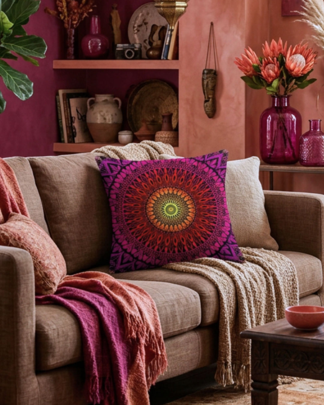Vibrant pink and orange mandala cushion on a neutral linen sofa in a warm eclectic bohemian living room with layered textiles, earthy decor, tropical plants, handmade ceramics and rich magenta accents. Cozy artistic boho interior with natural textures and warm earthy colors.