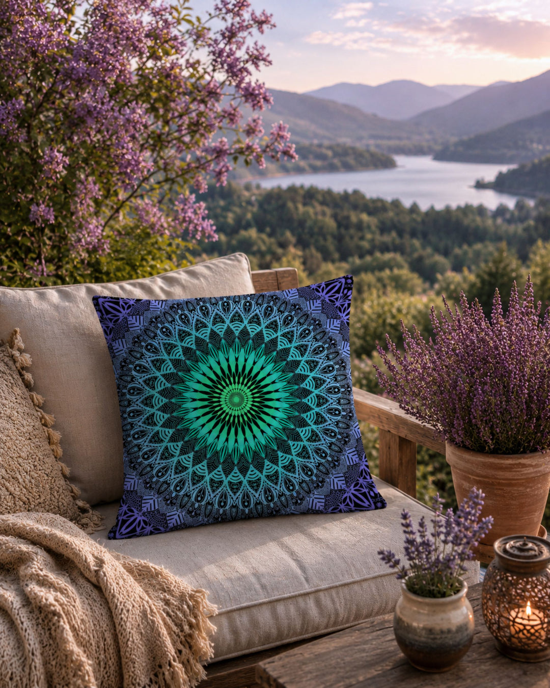 Blue and teal mandala boho pillow on a cozy outdoor lounge chair overlooking a peaceful lake and forested mountains, surrounded by lavender plants and blue-purple hydrangea blossoms in warm golden evening light.