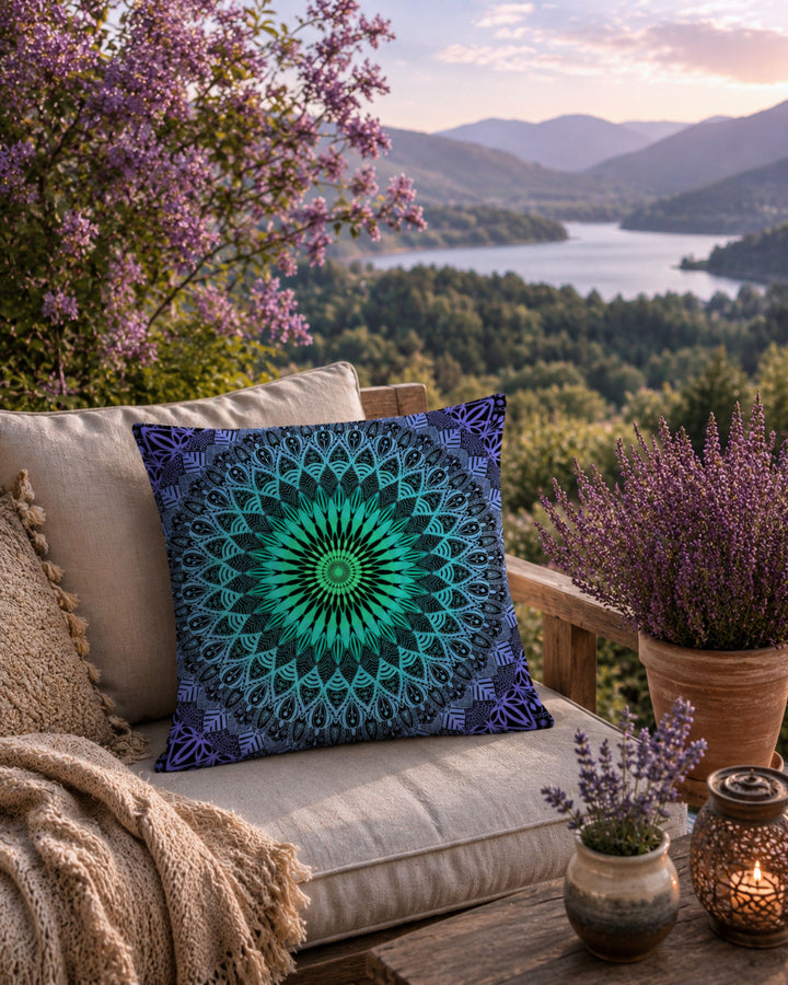 Blue and teal mandala boho pillow on a cozy outdoor lounge chair overlooking a peaceful lake and forested mountains, surrounded by lavender plants and blue-purple hydrangea blossoms in warm golden evening light.