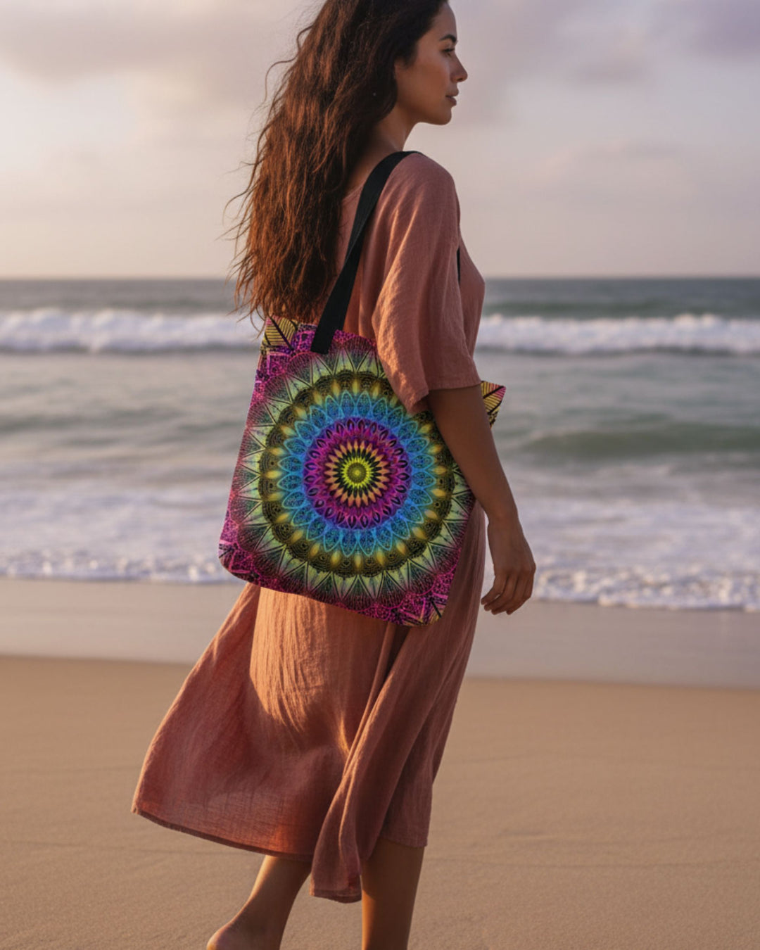 bohemian tote bag with colorful mandala pattern carried by a woman with long dark hair walking barefoot on the beach at sunset, wearing a flowing earthy dress, warm natural light, relaxed coastal lifestyle scene