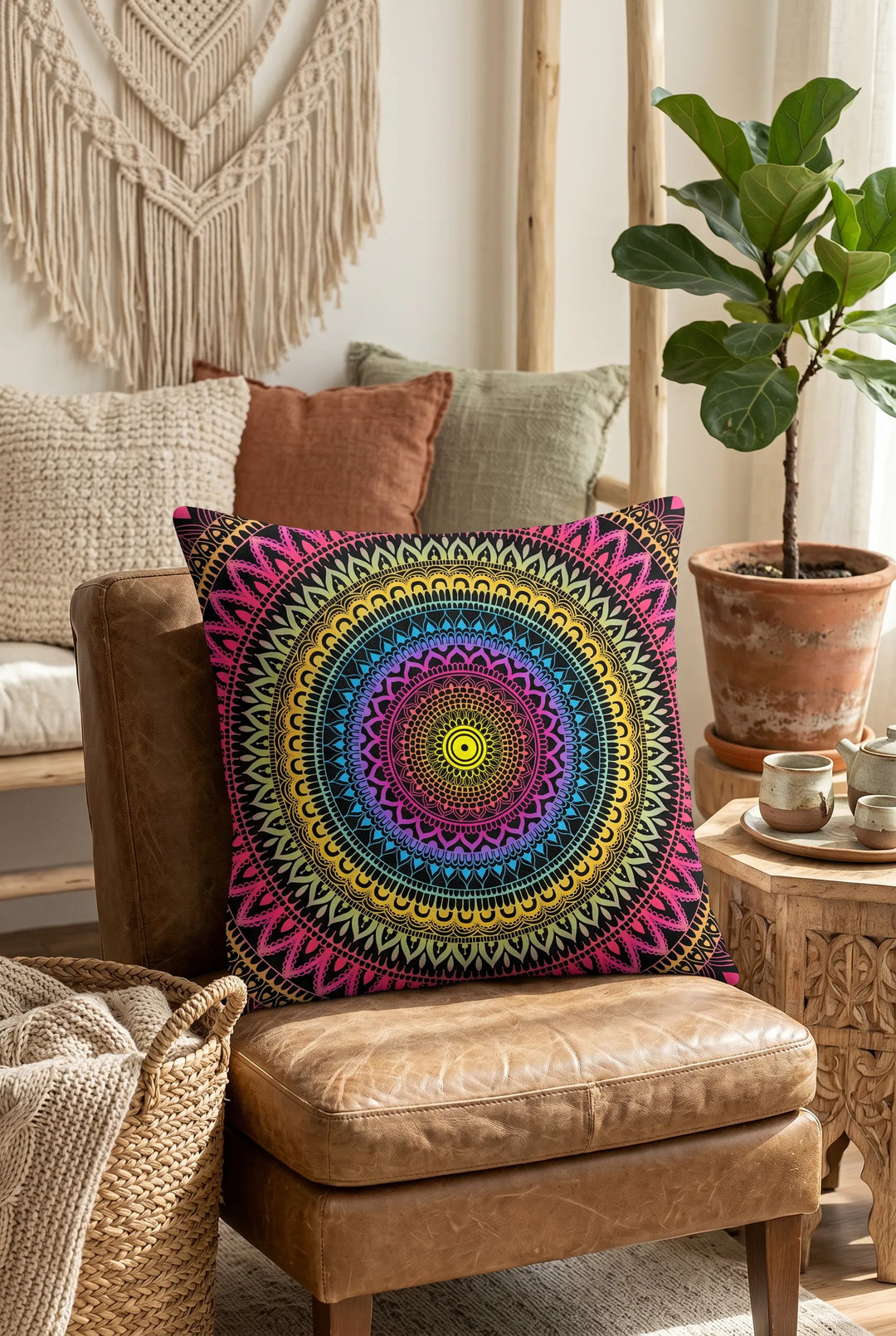 Colorful bohemian mandala throw pillow styled on a cozy outdoor lounge chair by the beach during golden hour, featuring vibrant pink, turquoise, yellow and purple mandala artwork in a warm luxury boho setting with pampas grass and soft neutral decor.