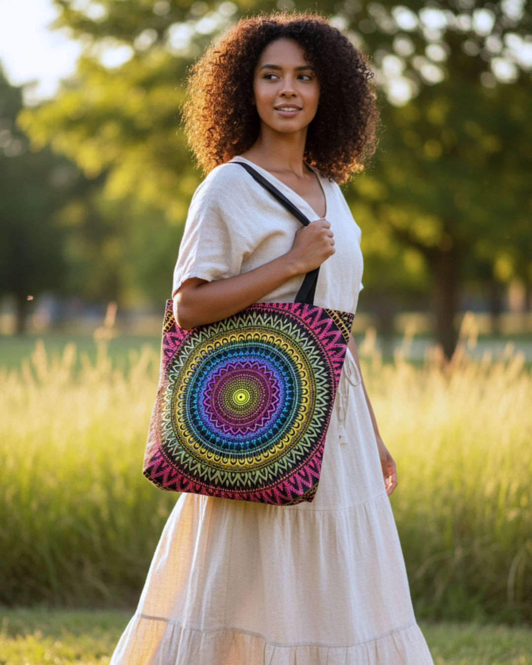 boho tote bag with mandala design worn by woman in beige dress golden hour park