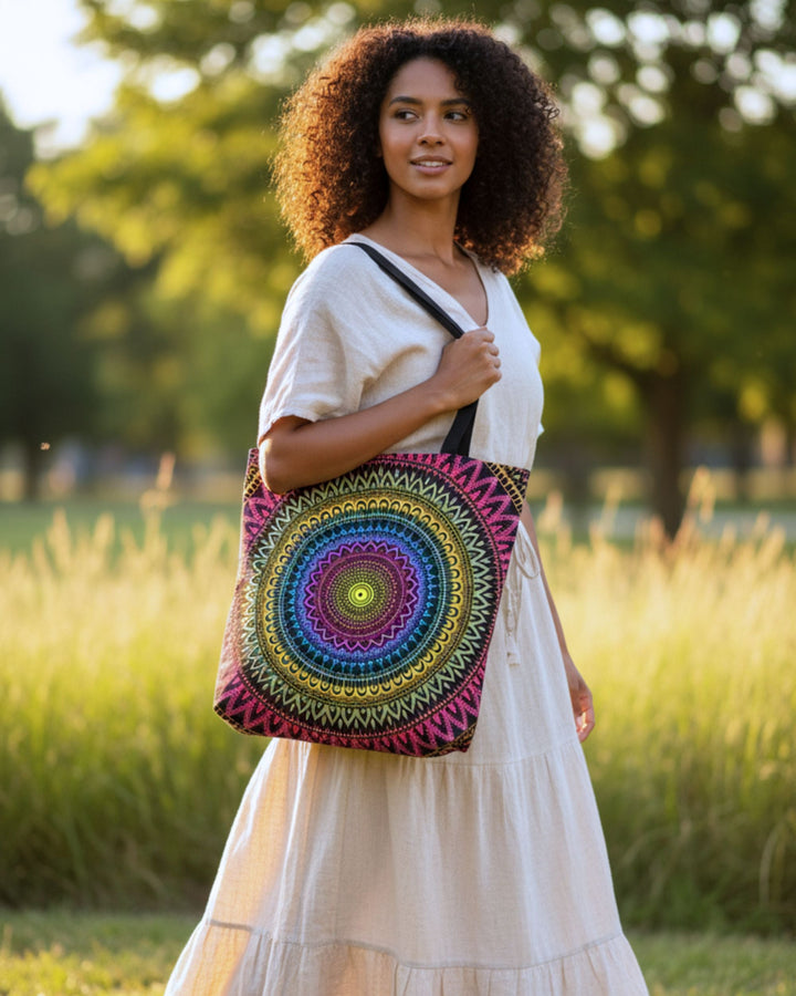 boho tote bag with mandala design worn by woman in beige dress golden hour park