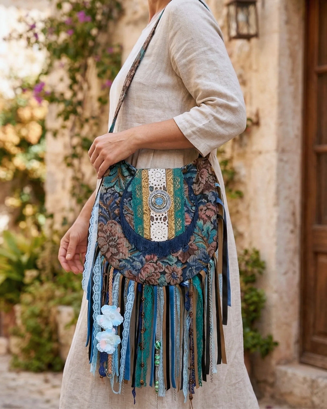 Woman wearing a handmade upcycled bohemian crossbody bag with a rounded flap in teal and blue tones, featuring floral tapestry fabric, lace, ribbons and fringe details, styled with a beige linen dress in a Mediterranean village setting