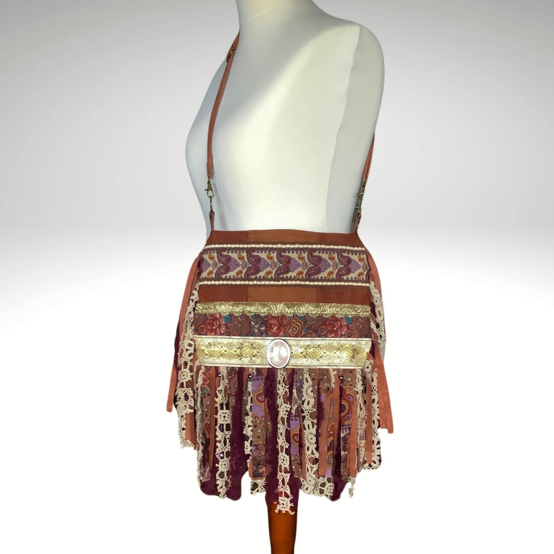 Barkcloth Crossbody Bag with Burgundy Fringe & Cameo Pendant