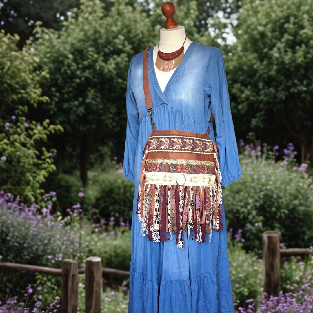Barkcloth Crossbody Bag with Burgundy Fringe & Cameo Pendant