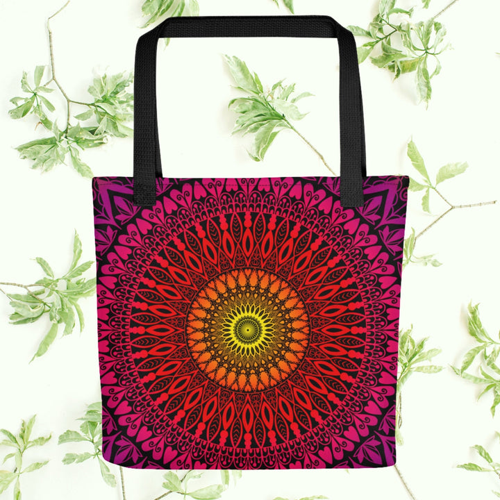 Orange Tote Bag with Red Pink Mandala Boho Design, styled product view
