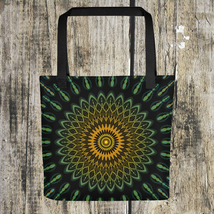 An elegant mandala embellished tote bag named 'Garden Charisma: Green and Yellow Mandala Embellished,' exuding the vibrancy and elegance of a garden.