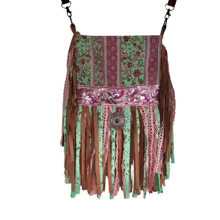 Boho tote bag made of Mutuba barkcloth and pink rib velvet with mint green and pink faux-suede fringe, lace trims, sequin ribbon and silver pendant