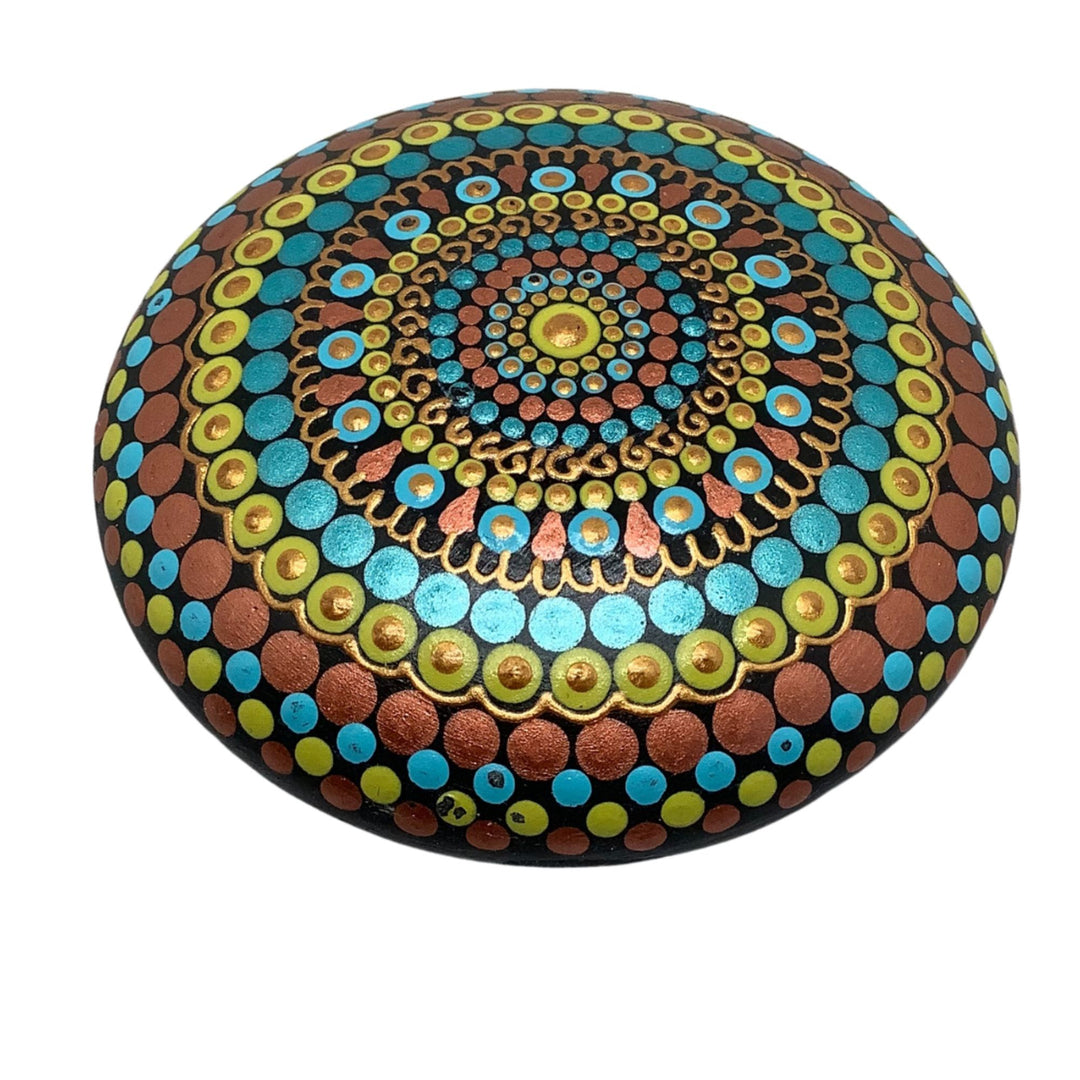 Hand painted mandala rock in copper, turquoise and yellow with gold accents, decorative art stone for meditation and home decor.