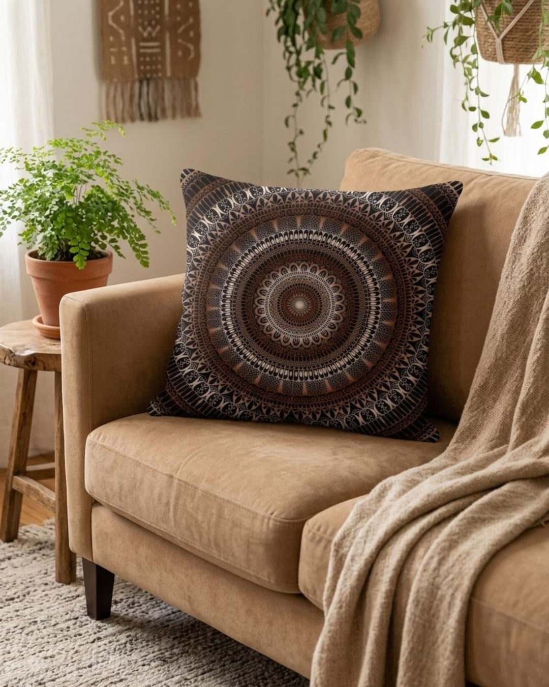 Camel boho sofa styled with a premium linen mandala pillow cover in warm brown tones, surrounded by plants and soft neutral decor
