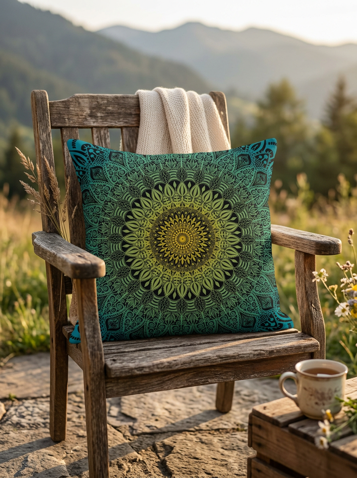 Bohemian mandala throw pillow in turquoise, sage green and golden yellow tones styled on a rustic weathered wooden chair in a peaceful mountain landscape with soft golden sunlight, wildflowers and cozy neutral textiles.