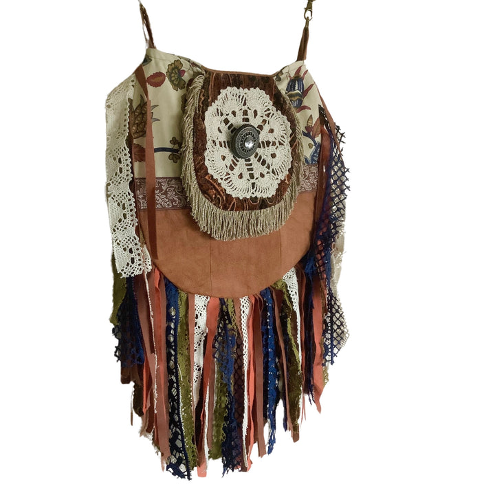 boomschorsstof crossbody tas met vintage kant, Laura Ashley stof en gehaakte bloem, handgemaakt uniek