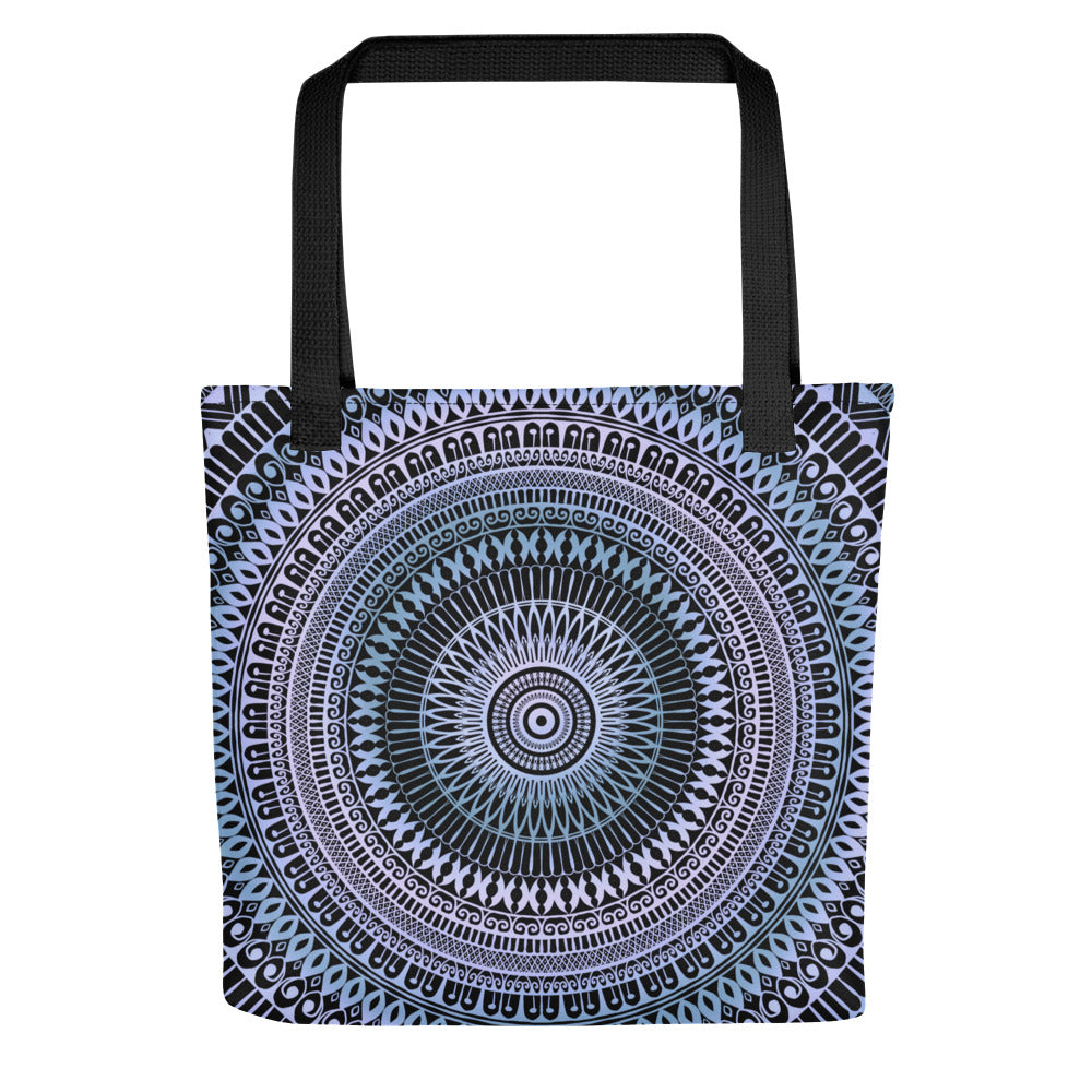 Mandala tote bag in soft blue and pink with icy zen design, printed on both sides, 15x15 inches