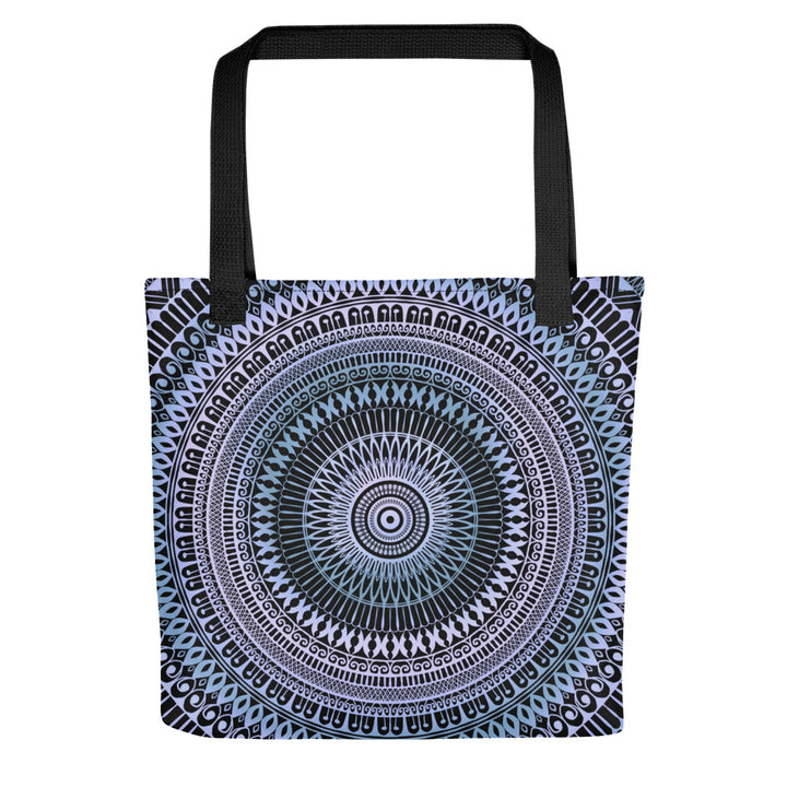 Mandala tote bag in soft blue and pink with icy zen design, printed on both sides, 15x15 inches
