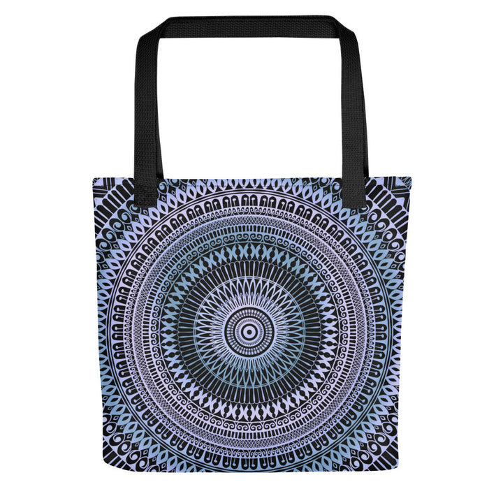Mandala tote bag in soft blue and pink with icy zen design, printed on both sides, 15x15 inches