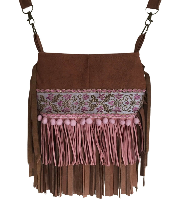 Brown barkcloth bag with pink fringe and floral embroidery on a white background