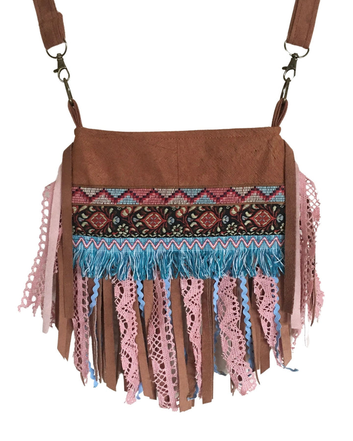 Brown handbag with colorful fringe and patterned accents on a white background