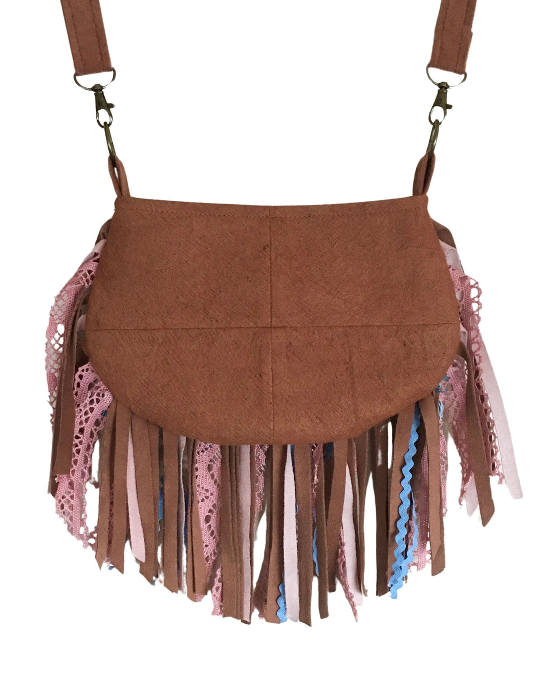 Brown sbarkcloth handbag with colorful fringe on a white background