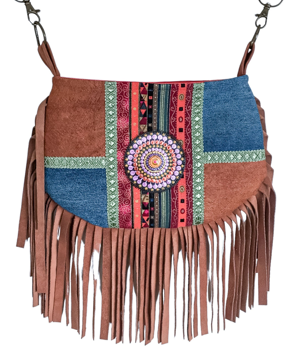 Multicolored handbag with fringes and a central circular design on a white background