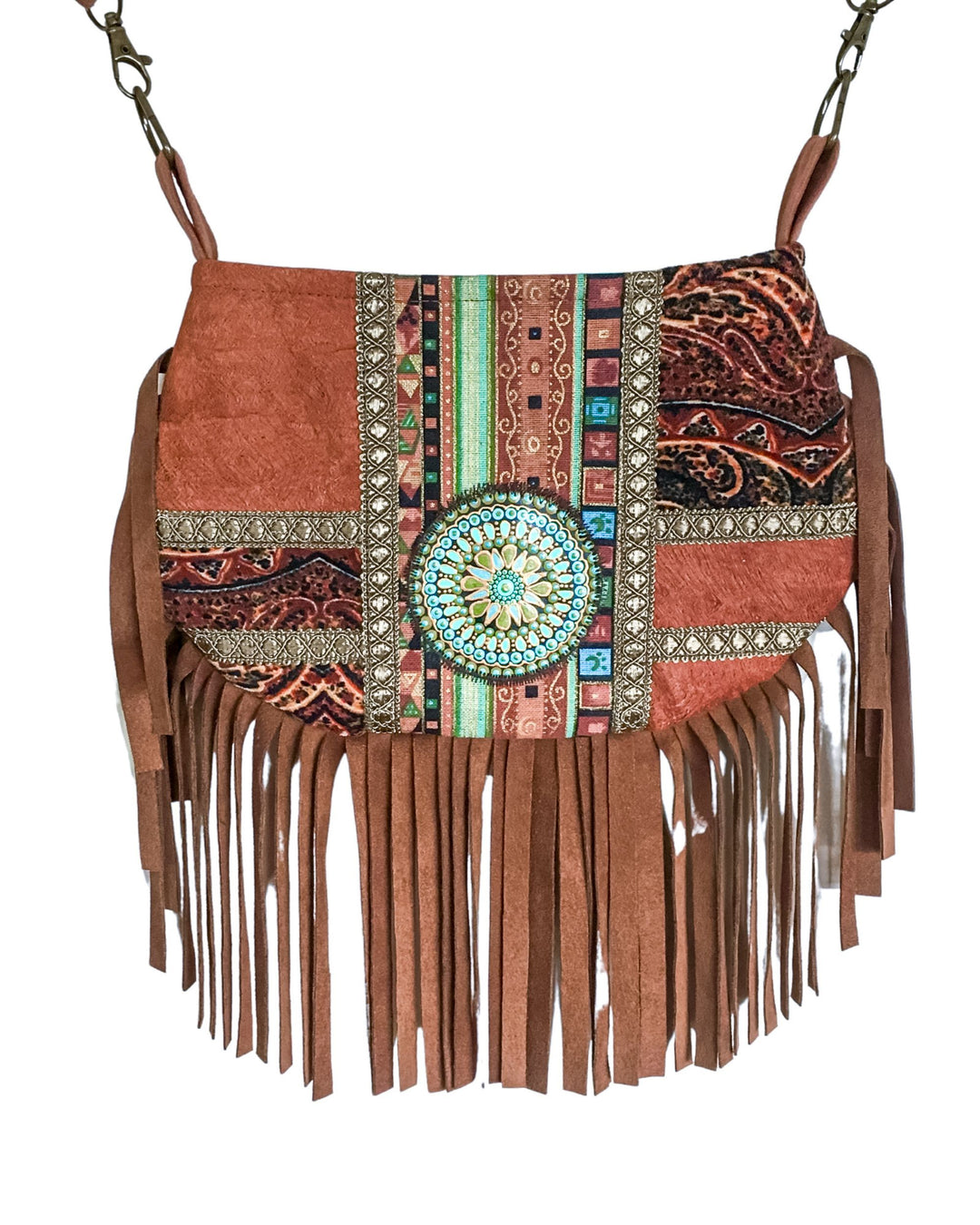 Brown fringed handbag with decorative patterns and tassels on a white background