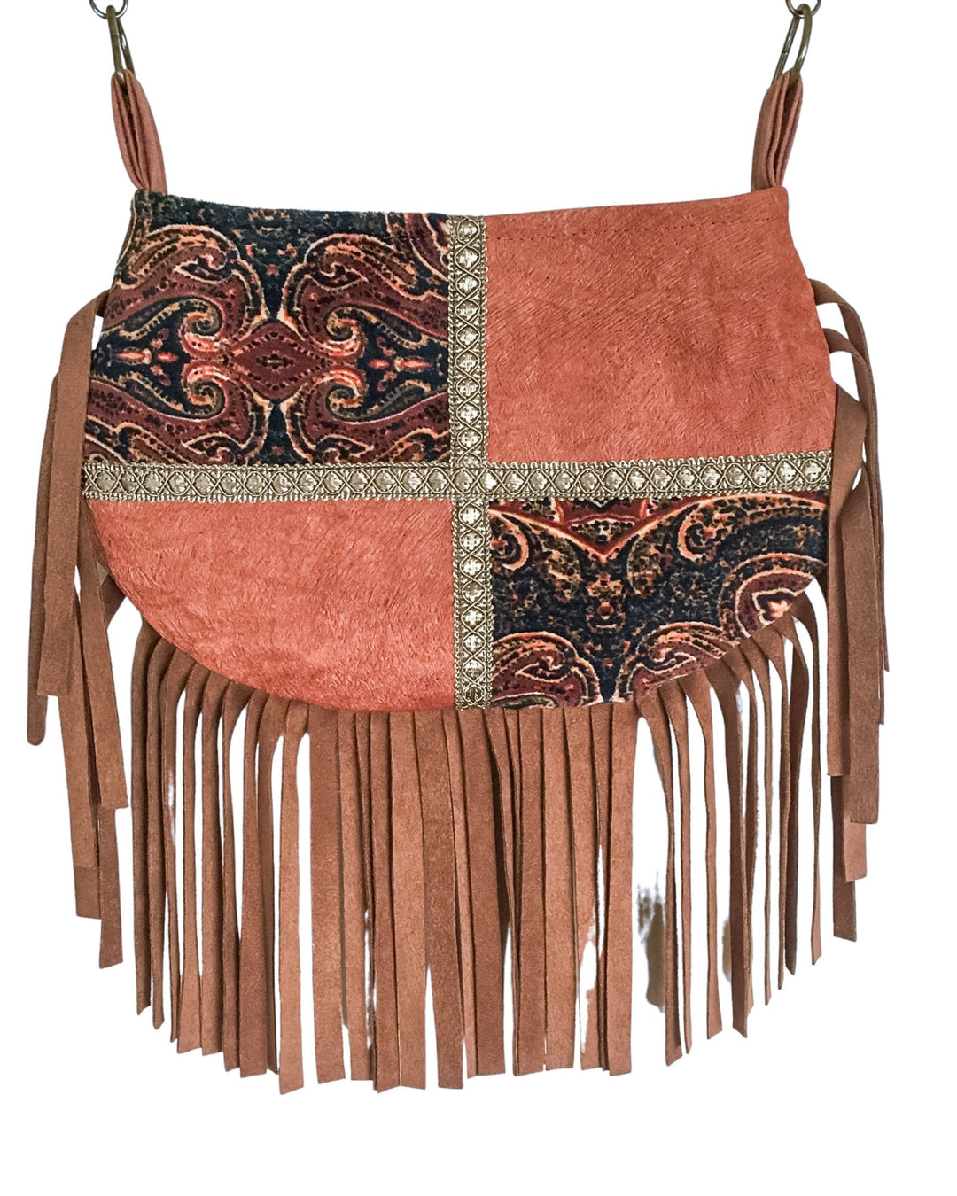 Brown barkcloth handbag with paisley patterns and fringes on a white background