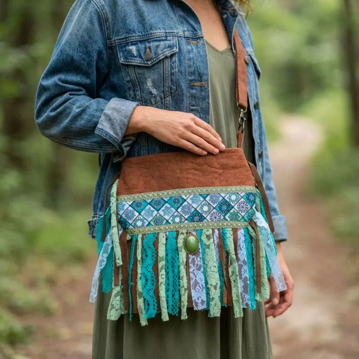Small Barkcloth Crossbody Phone Bag with Fringe in Sage and Blue