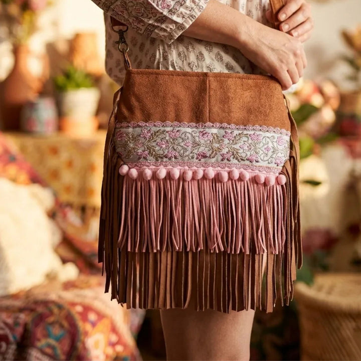 Small Barkcloth Phone Bag with Pink Fringe & Floral Ribbon
